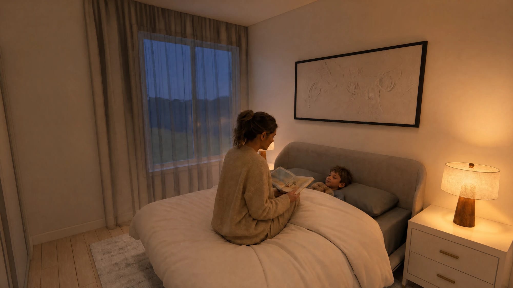 Une femme lit une histoire à un enfant couché dans son lit, à la lueur d’une lampe de chevet, le soir, illustration