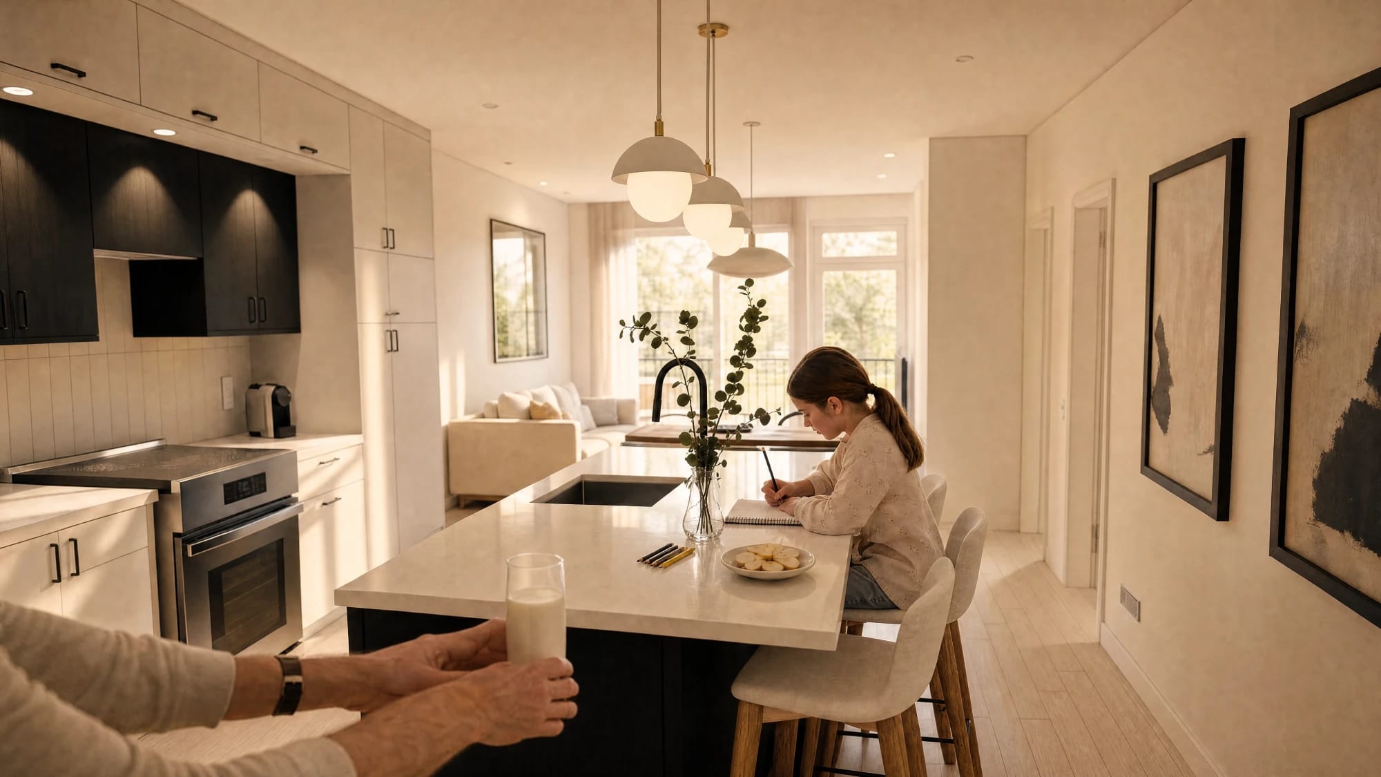 Une jeune fille fait ses devoirs à l’îlot de la cuisine, un verre de lait et une assiette de pommes à côté d’elle, illustration