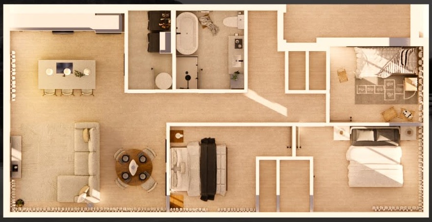 Plan d’étage du Modèle A, 1 227 pi², vue de dessus : aire ouverte à gauche, salle de bain au centre, trois chambres, rendu d’artiste